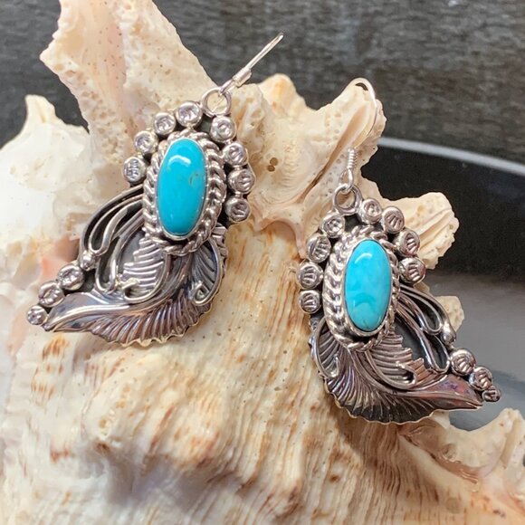 Navajo Sterling Silver 925 Turquoise Leaf or Feather Earrings A Martinez L804 - Picture 3 of 5